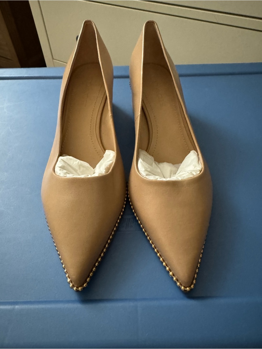 Coach Women's Pointed Toe Tan Low Heels with Studded Trim
